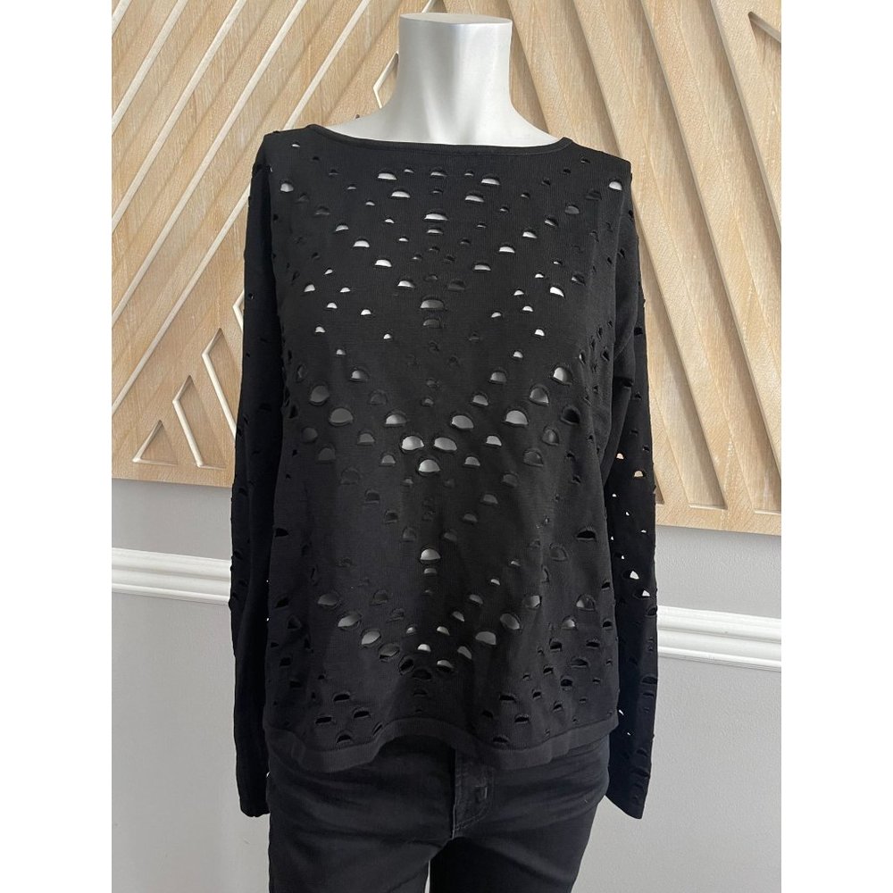 MILLY Gradiating Holes Cut Out Black Stretch Knit Top - Size Large